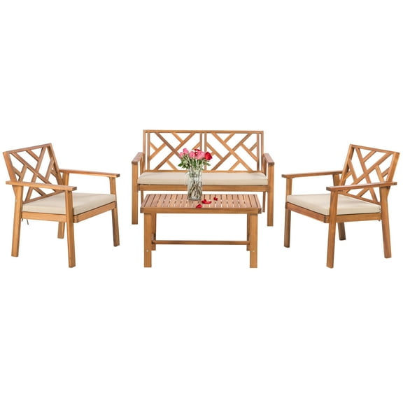 Werph Outdoor Patio Furniture Set, 4 Piece Patio Sofa Bench and 2 Single Sofa Chairs with Table & Padded Cushions, Acacia Wood Outdoor Patio Lounge Conversation Set