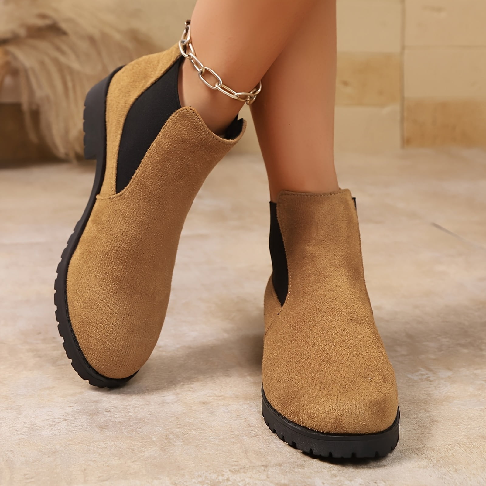 Women's Ankle Boots Chunky Low Heels Booties Slip On Elastic Fall Short Boots Women Round Toe Casual Solid Suede Comfortable Bootie Outdoor Non-Slip Hiking Riding Boot Walking Shoes Earthy Yellow