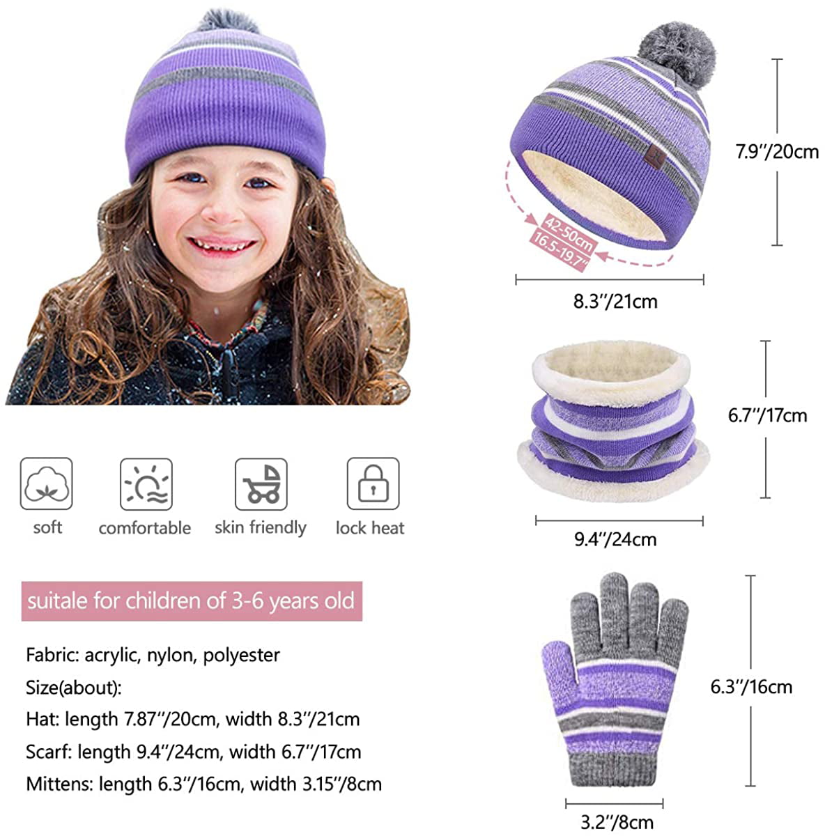 Children Striped Knitted Hat Gloves For Indoor Outdoor Activities  Comfortable Skin-friendly Warm Hat Gloves Set Navy Gray S