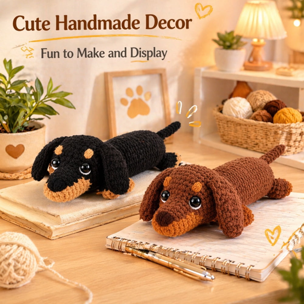 2 Pack Dachshund Crochet Kit for Beginners, Dog Amigurumi Starter Set with Step by Step Video Tutorials, TIKA