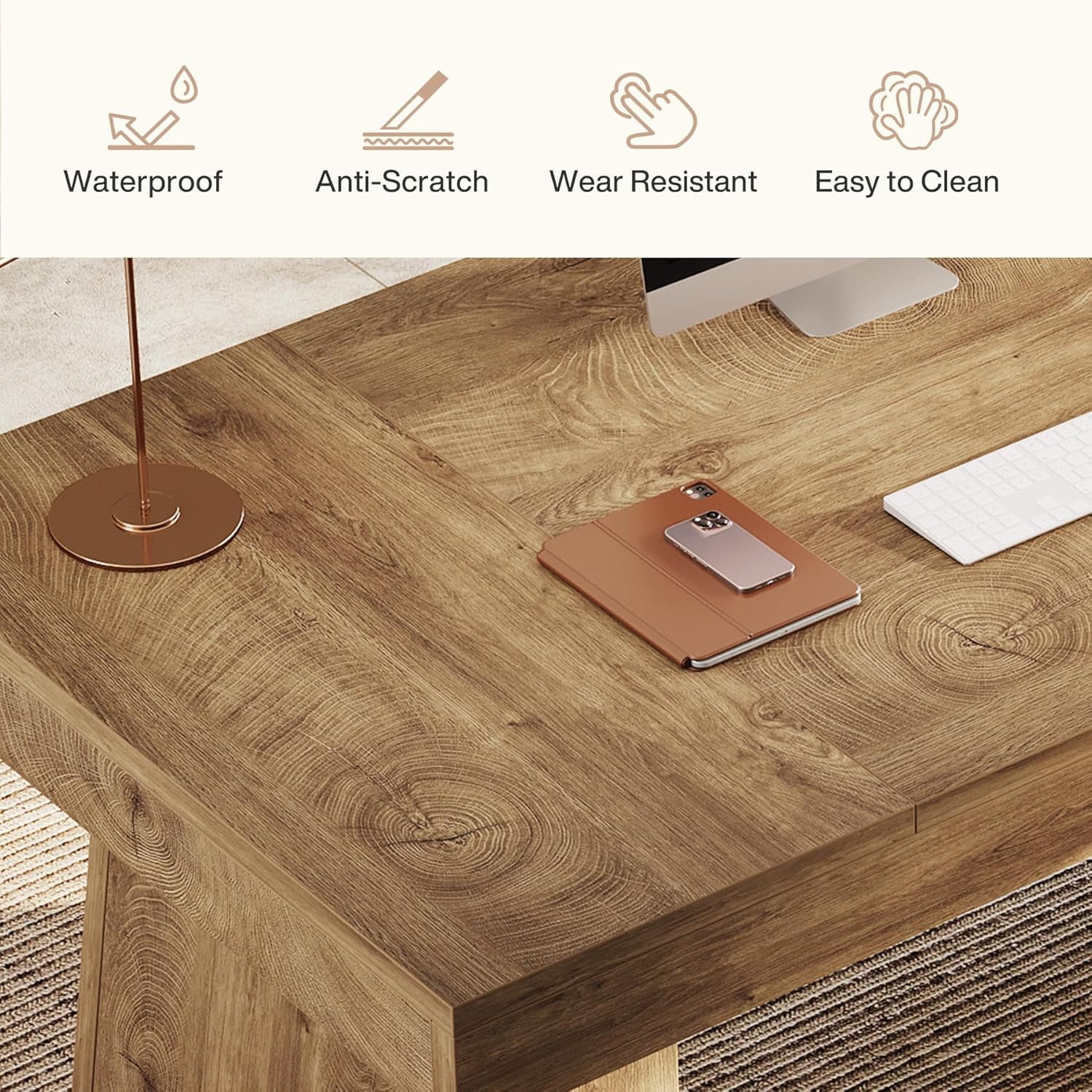 Finmind Large Wood Executive Desk, 55" Rectangle Office Desk with Double Pedestal, Modern Minimalist Computer Desk Workstations Conference Table Furniture for Home Office(Light Brown)