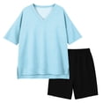 thumbnail image 4 of Girls 2pc Outfits Summer Short Sleeve V Neck Drop Shoulder T-Shirts Basic Leggings Shorts Sets Light Blue 6-7 Years, 4 of 7