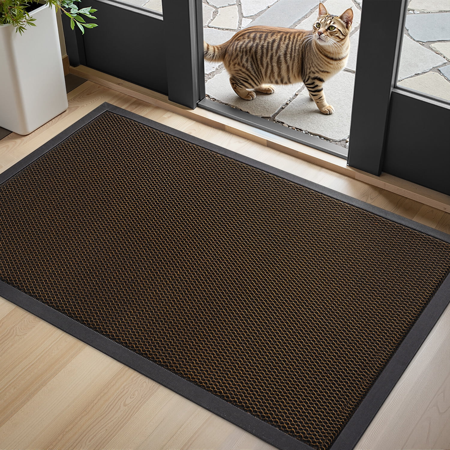 SIXHOME Outdoor Mat 24"x47" Front Door Mat Non Slip Rubber Doormat Low Profile Welcome Mat for Outside Absorbent Dirt Trapper Outdoor Doormat with Elastic Mesh Surface Heavy Duty Floor Mat Brown