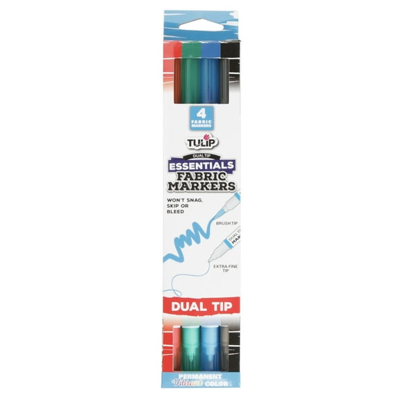 Tulip Fabric Markers Dual Tip 4 Pack Essentials, Permanent, Assorted Colors