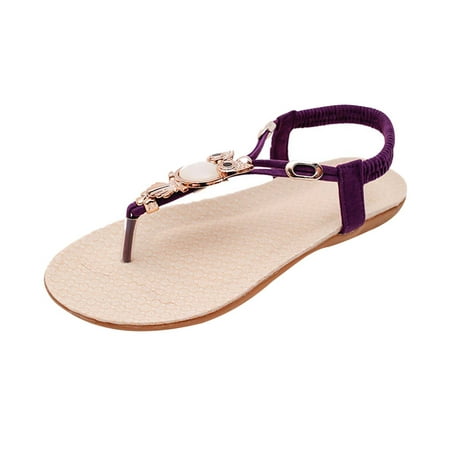 

Qiaocaity Women Bohemian Sandals Flats Flip Flops Roman Open Toe Breathable Comfortable Shoes Purple Size 6