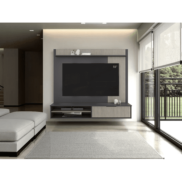 Panel de Tv Dover, Plata Oscuro y Bardolino, con espacio para tv desde 55 a 70" Virtual Muebles