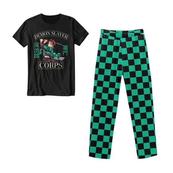 Pijama Demon Slayer para Hombre, Cuello Redondo Manga Corta con Pantalon Negro Talla G