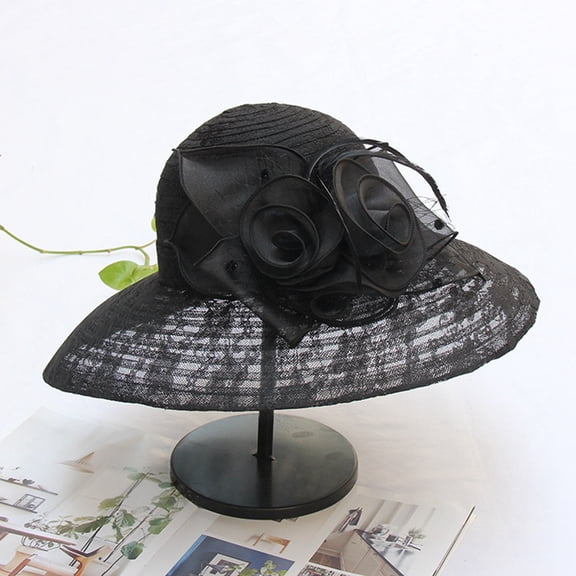 HNMKIU Elegant Lace Mesh Floral Wide Brim Fisherman Sun Hat for Women and Girls Summer Beach Outdoor Black,One Size
