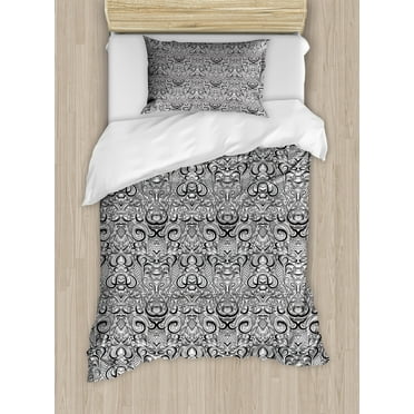 Vintage Tribal Duvet Cover Set Twin Size, Monochrome Jumble Curlicue Ornamental CurlicueLayout, Decorative 2 Piece Bedding Set with 1 Pillow Sham, Charcoal Grey and White, by Ambesonne