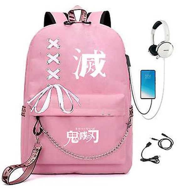 New Ghost Slayer Girl Student Usb Charging School Bag Anime Backpack Ribbon