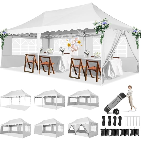 SANOPY 10'x 20' Pop up Canopy Tent, Commercial Heavy Duty Canopy with 6 Removable Side Walls Portable Shelter for Patio Picnic Gazebo Party Wedding, White