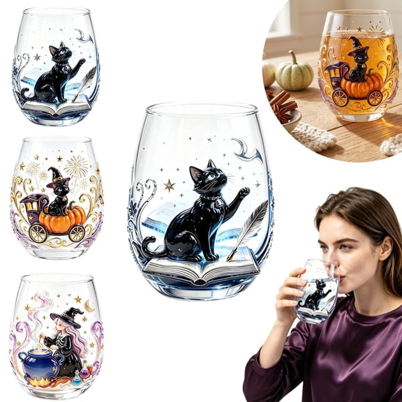 Halloween Glass Cups, Wine Glasses, Glassware Drinking Glasses, Stemless Drinking Glass with Cute Designs, Clear Cups for Cocktails, Juices & Iced Coffee (B)