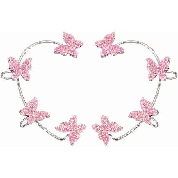 1 caja de 2 pendientes de mariposa con forma de puño para la oreja, pendientes de mariposa brillantes, pendientes envolventes con forma de oruga, sin perforación.