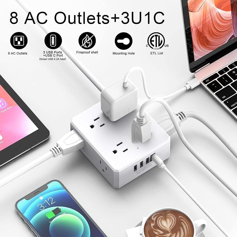 Surge Protector Power Strip - 6 Ft Flat Plug Extension Cord with 8 Widely Outlets and 4 USB Ports(1 USB C), 3 Side Outlet Extender for Home Office, White, ETL Listed