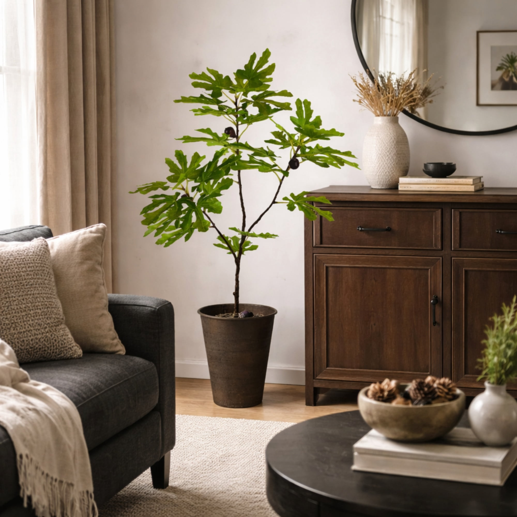 Artificial Tree, 3ft Artificial Fig Plant with Realistic Fig Fruits in a Black Textured Metal Pot by LCG Florals, Fake Indoor Faux Tree for Living Room, Office, and Home Decor