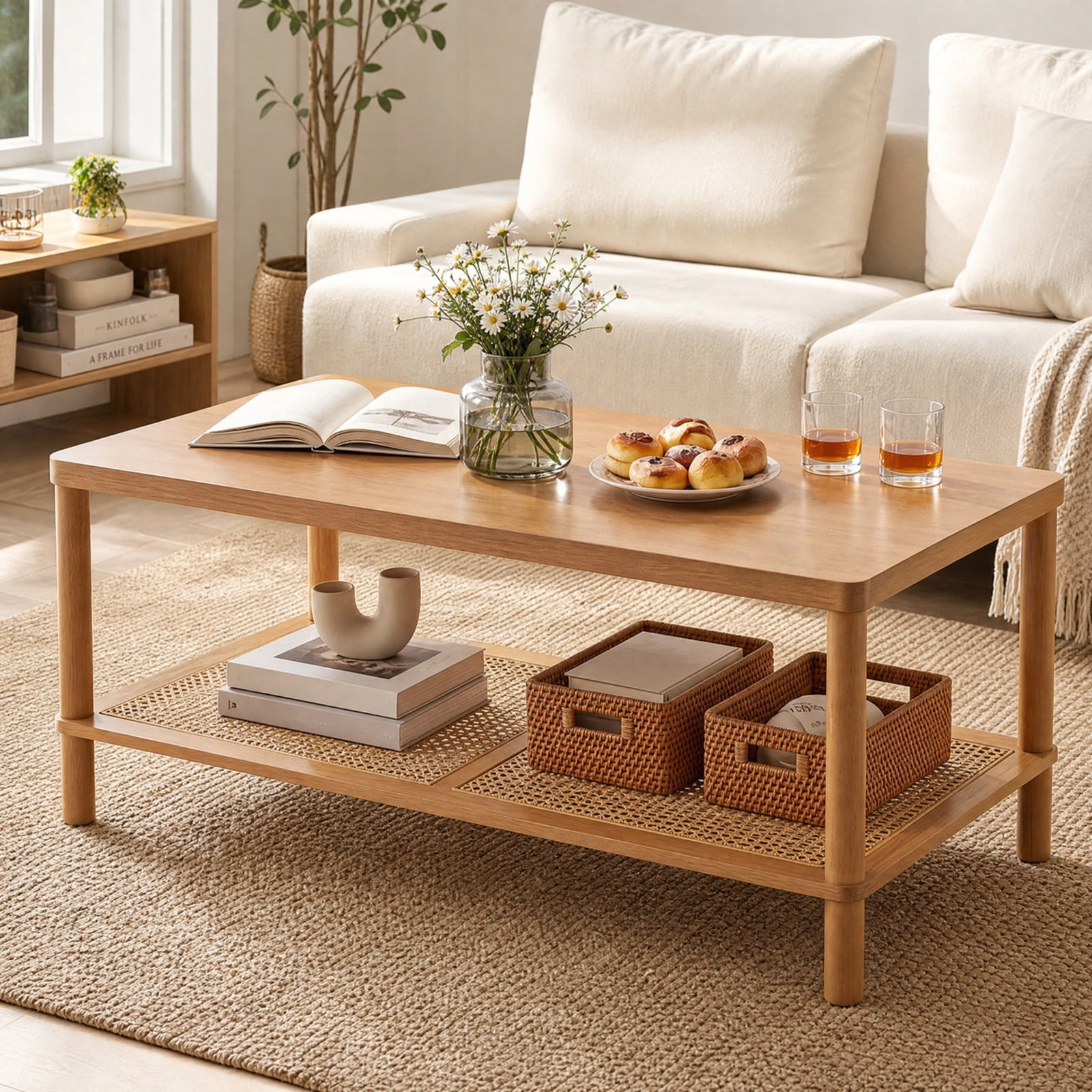 Furnibear 2 Tier Boho Rectangular Coffee Table with Rubber Wood Frame and Faux Rattan Open Storage Shelf for Living Room Home Office, Rustic Brown