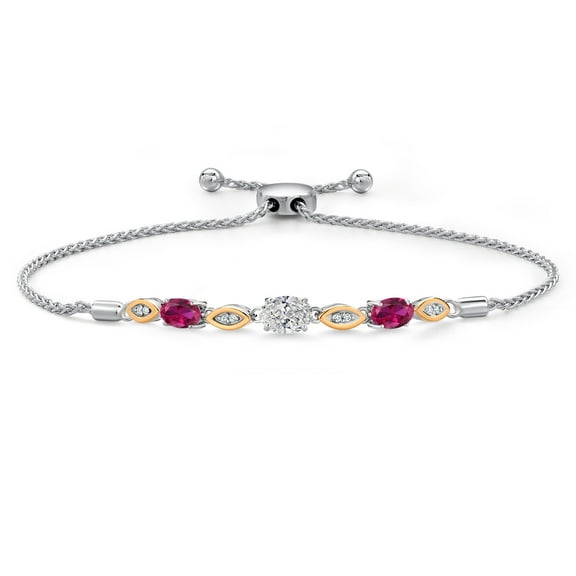 Gem Stone King 1.70 Ct DEF Lab Grown Diamond Red Created Ruby 925 Silver and 10K Yellow Gold Bracelet