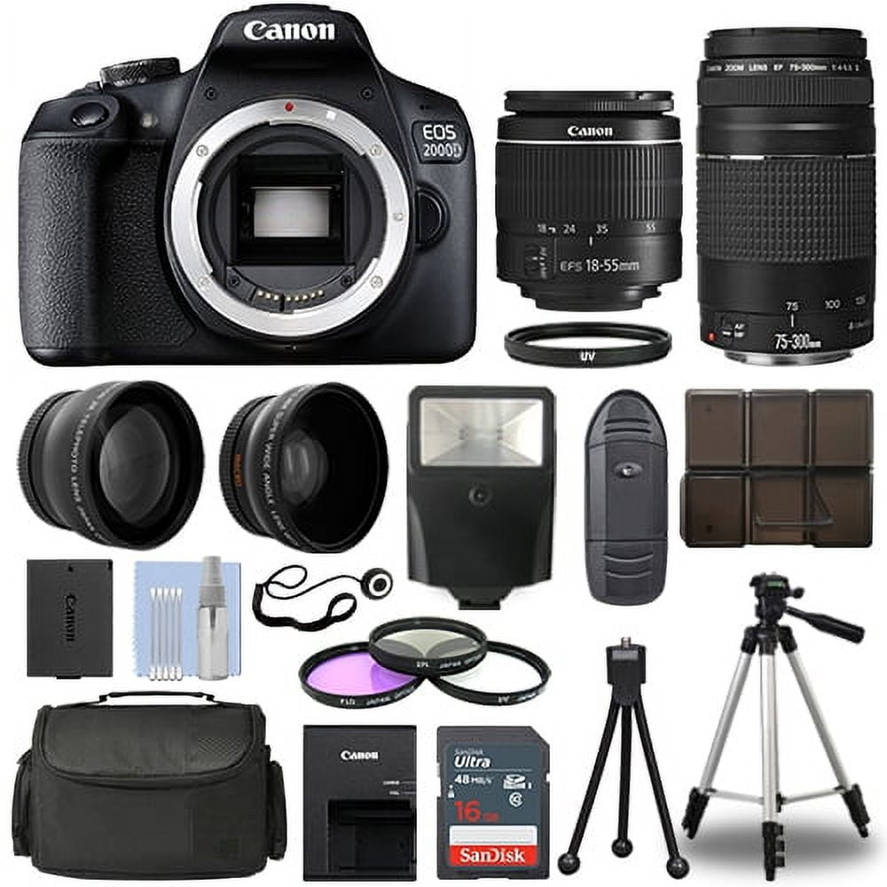 Canon EOS 2000D DSLR Camera + 4 Lens Kit 18-55mm + 75-300mm + 16GB Top Value Kit - International Version