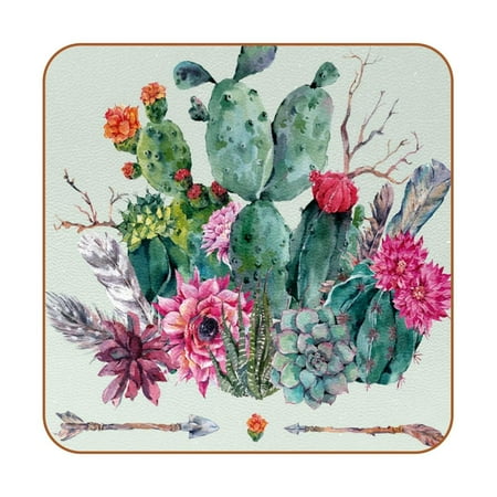 

OWNTA Cactus Boho Style Bouquet of Thorny Plants Blossoms Arrows Feathers Pattern Premium 6-Piece Square Coaster Set in Microfiber Leather - Non-Slip & Absorbent Cup Mats