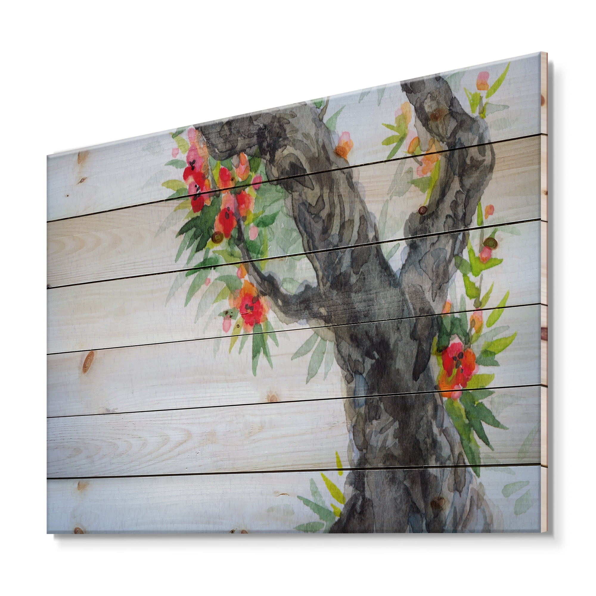 Designart 'Blooming Flowers Of An Old Tree In Spring I' Traditional Print on Natural Pine Wood