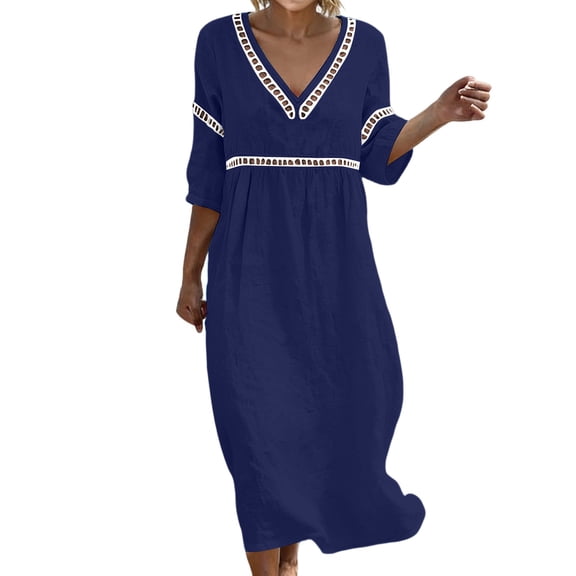 Lnmiateer Women Summer Boho Cotton‑Linen Dress V‑Neck 3/4‑Sleeve Pleated Lace Accent Lightweight Gauze Loose‑Fit Beach Vacation Daily Wear