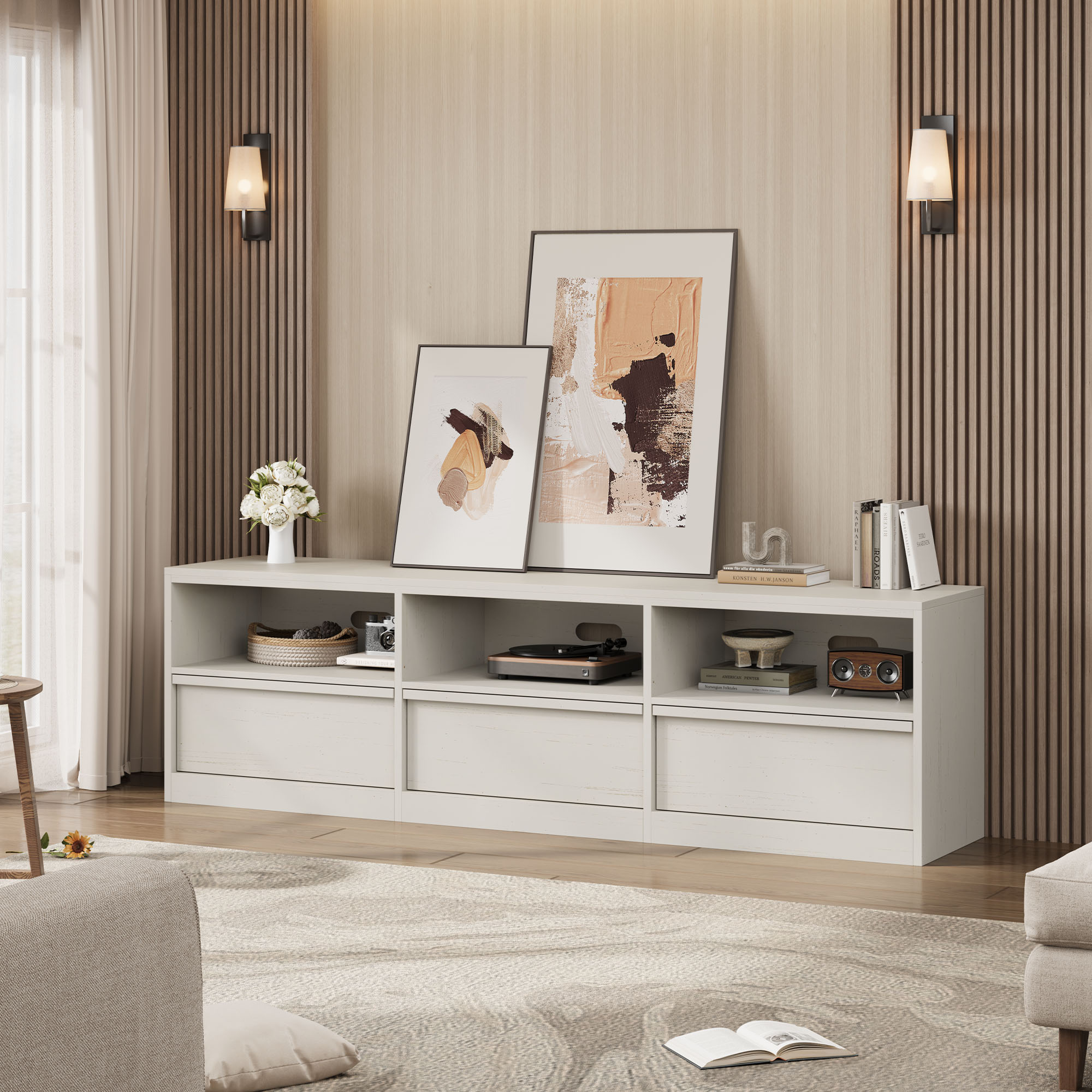 Gaderth  Mid Century Modern TV Stand, Sturdy MDF Media Console, Industrial Entertainment Center with 3 Drawers & Open Shelves for Living Room & Bedroom, Fits 65-80" TVs