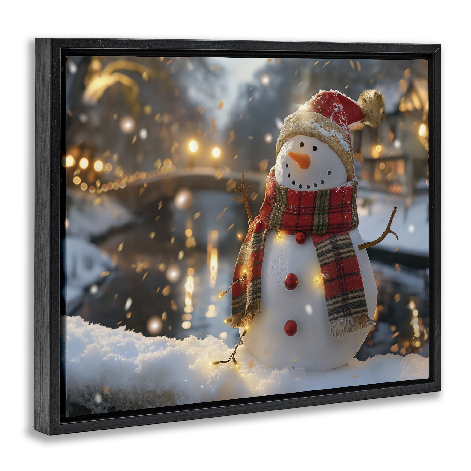 Stupell Industries Snowman Windy Winter Scene Holiday Painting Black Floater Framed Canvas Art Prints Wall Art, 21 x 17