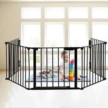 ChVans 118in Extra Wide Black Baby Gate with Door, Metal Long Baby Fence, Tall Pet Dog Gates for House Stairs Doorways, 10ft Child Safety Fence Fireplace Christmas Tree, Indoor Outdoor, 5-Panel