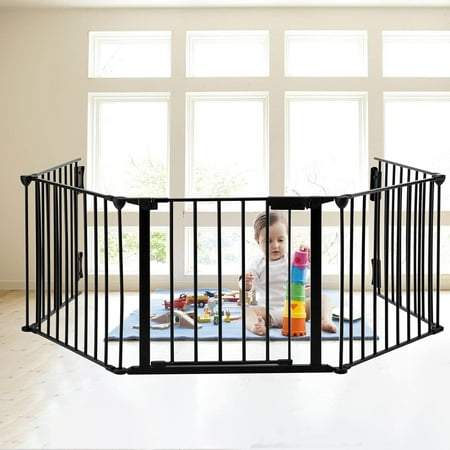 ChVans 118in Extra Wide Black Baby Gate with Door, Metal Long Baby Fence, Tall Pet Dog Gates for House Stairs Doorways, 10ft Child Safety Fence Fireplace Christmas Tree, Indoor Outdoor, 5-Panel