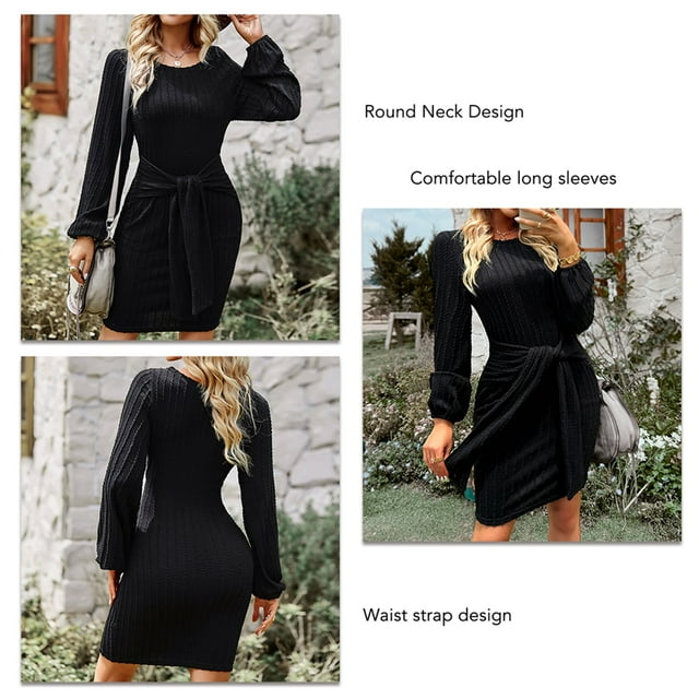 Casual Long Sleeve Dress, Racking Pattern Waist Strap Round Neck Casual Dress For Vacation For Dating Black,Green,Blue,Brown