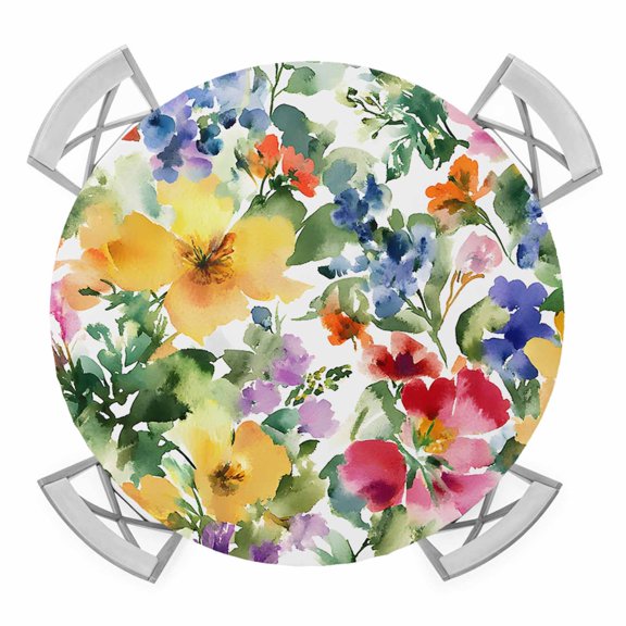 Green Yellow Floral Round Tablecloth for 45-54 Inch Tables,Fitted Table Cover with Elastic Edge,Purple Blue Watercolor Retro Leaf Waterproof Outdoor Table Cloth Protector for Patio Garden Dinner