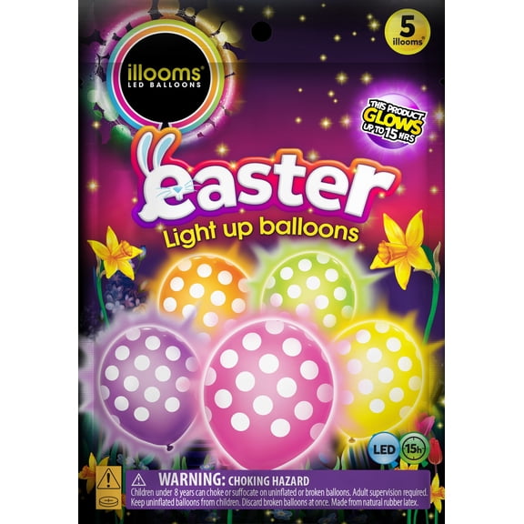 illooms LED Light Up Easter Polka Dot Balloons, Pink Blue White Natural Rubber Latex Party Balloons, 5 pack
