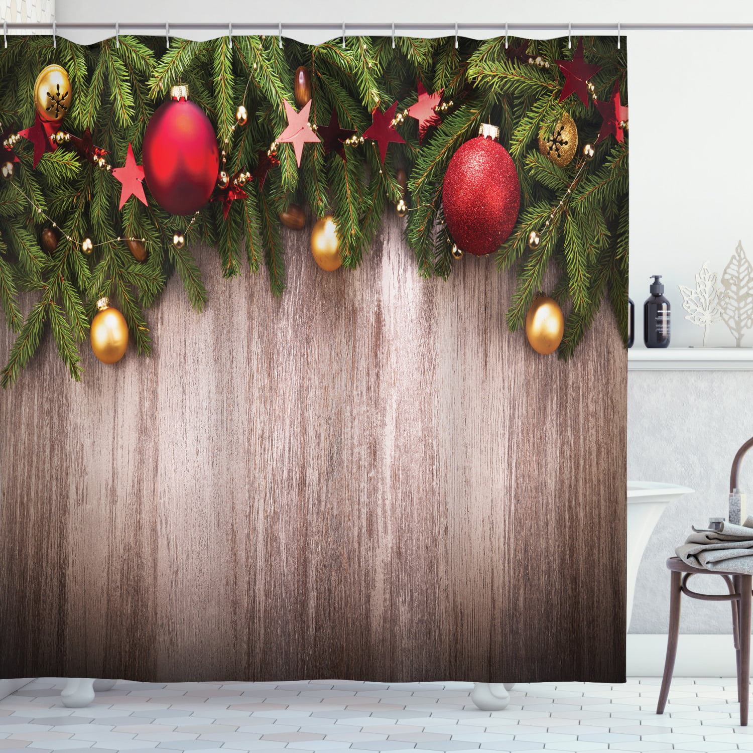 Christmas Ball Candy Cane Rustic Wood Plank Waterproof Fabric Shower Curtain Set 