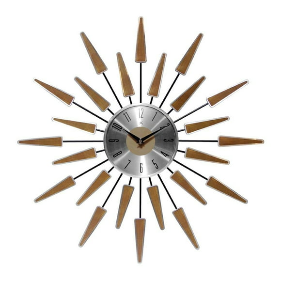 Infinity Instruments Sunburst Horloge Murale Satellite en Métal du Milieu du Siècle, Noyer