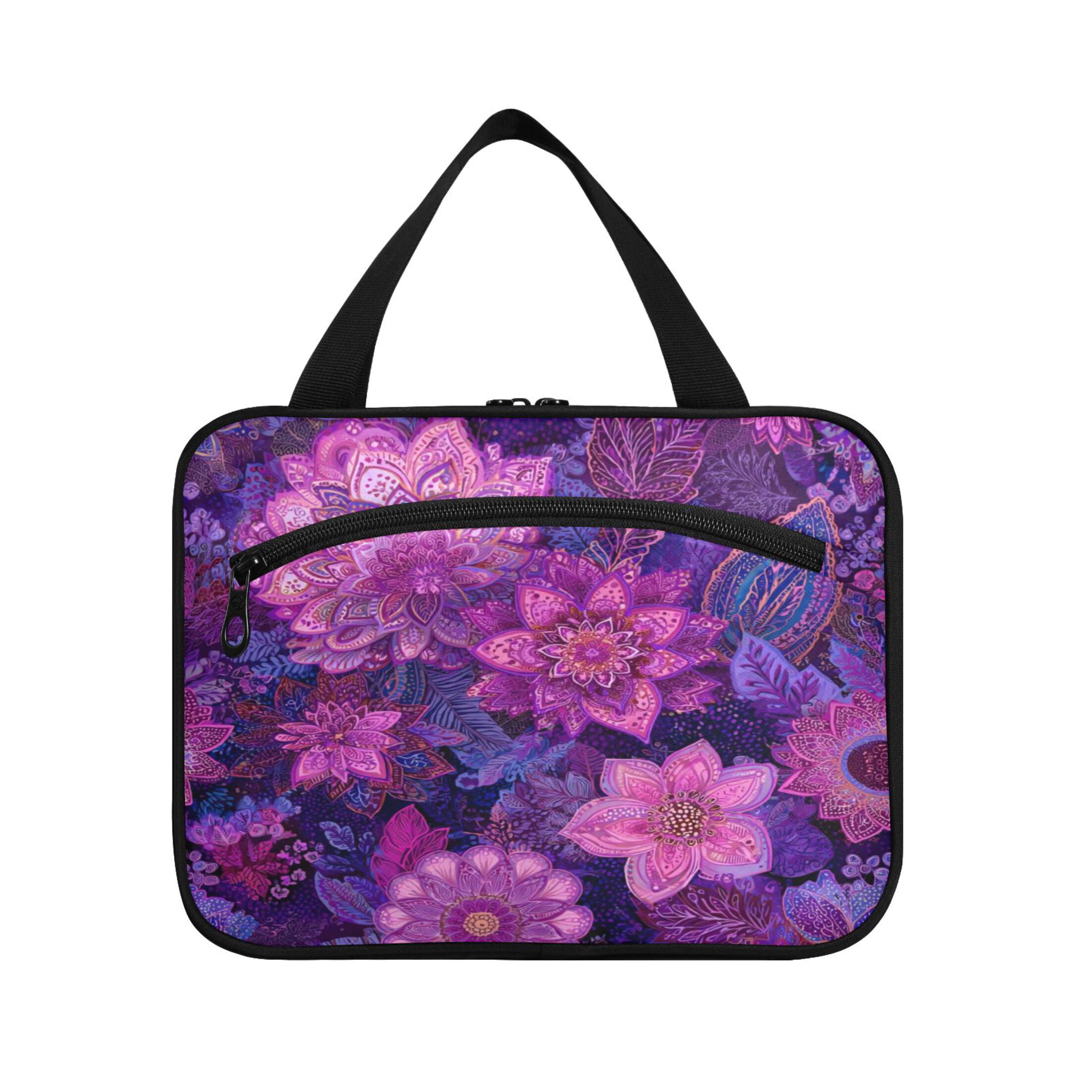 Travel Hanging Toiletry Bag with 4 Zipped Compartments Waterproof Makeup Accessories Spacious Cosmetic Bag Lavender Bohemian Pattern Large