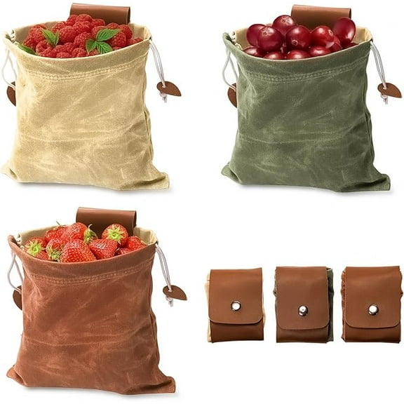 ReedCA 3 Pack Foraging Bag, Collapsible Waxed Canvas Bag, Leather Pouch Basket for Camping, Hiking Hunting, Grocery Storage