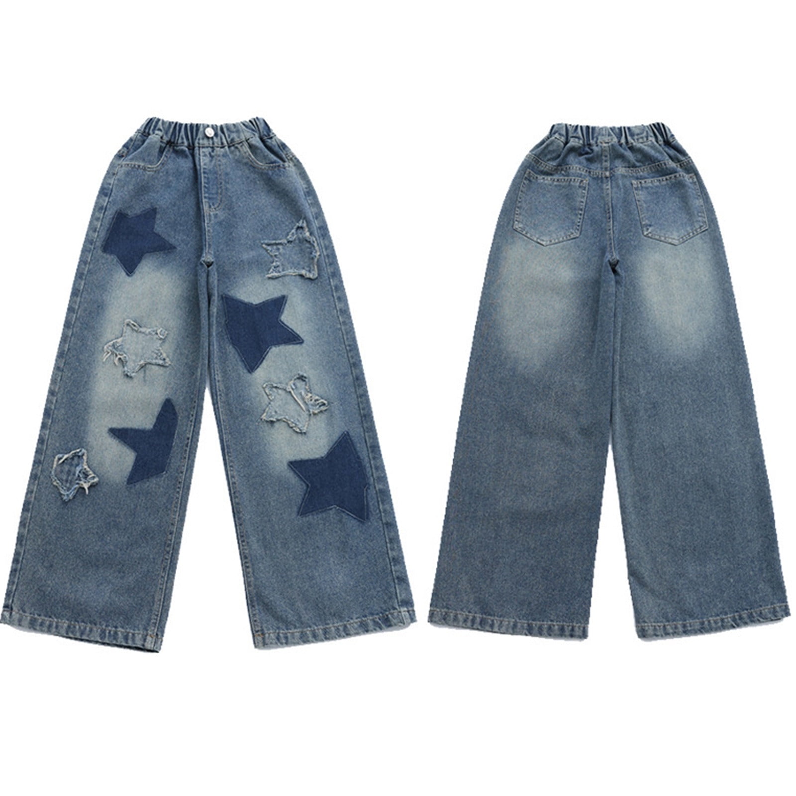 Kids Jeans Girls Cute Embroidered Pants Elastic Waist Wide Leg Jeans Loose Casual Demin Pants With Pockets Blue,5-6 Years