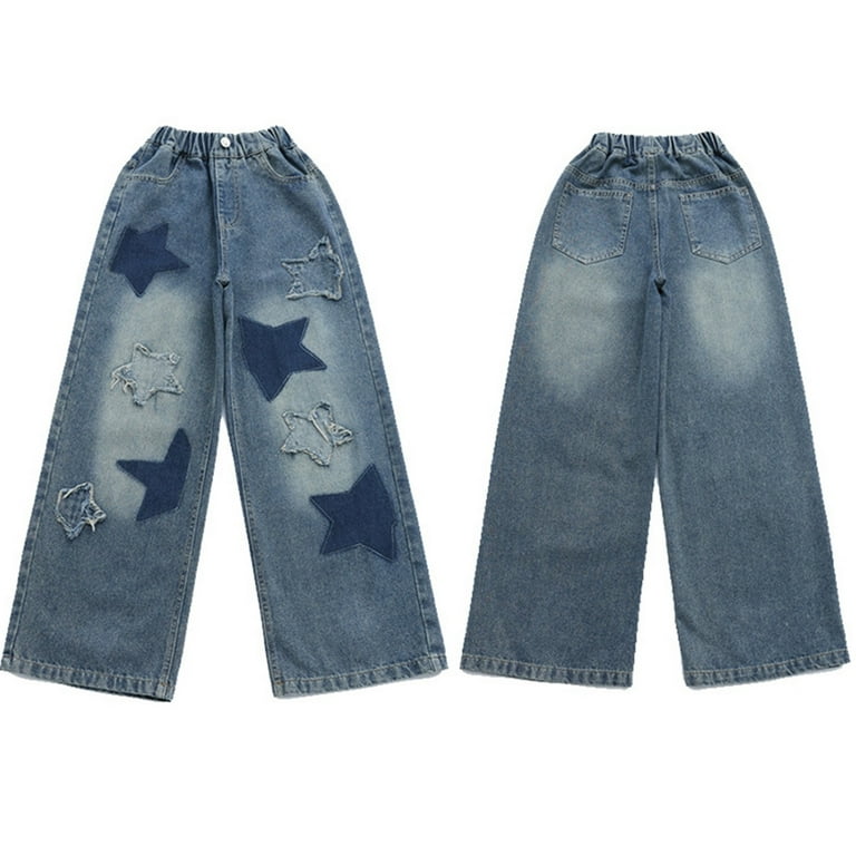 NABER Kids Girls Baggy Wide Leg Denim Jeans - Elastic Waist Casual Pants (Age 5-14, Blue, Size 8-9 Years)