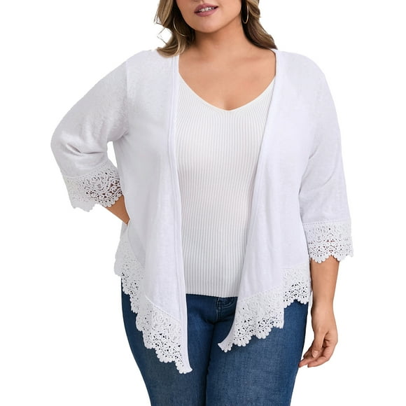 GRACE & GRANDEUR Women's Plus Size Cardigan Knit Lace Trim Waterfall Shrug Cover Up 3/4 Sleeve High Low Hem Open Front Cardigans 3X White