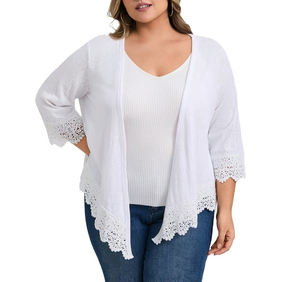 GRACE & GRANDEUR Women's Plus Size Cardigan Knit Lace Shrug Cover Up 3/4 Sleeve Open Front Cardigans 2X White