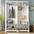 thumbnail image 2 of Hall Tree with Bench and Shoe Storage, Modern Hallway Coat Rack with Black Metal Hooks, Multifunctional Entryway Bench Hall Tree with Ample Storage Space for Living Room Hallway Bedroom, White, 2 of 8