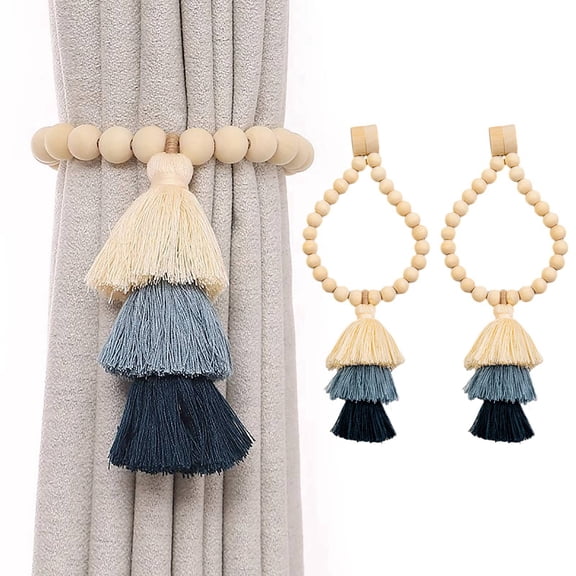 Farmhouse Curtain Tiebacks - 2 Pack Farmhouse Curtain Holdbacks, Curtain Holder Hooks for Drapes, Beaded Rustic Curtain Tie Backs, Drapery Pull Backs, Boho Farmhouse Wall Decor, 16 inch, Blue
