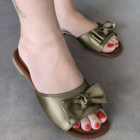 

〖Yilirongyumm〗 Beige 39 Slippers For Women Large Size Solid Bowknot Fashion Bottom Flat Women Beach Slippers Color Women s Slipper