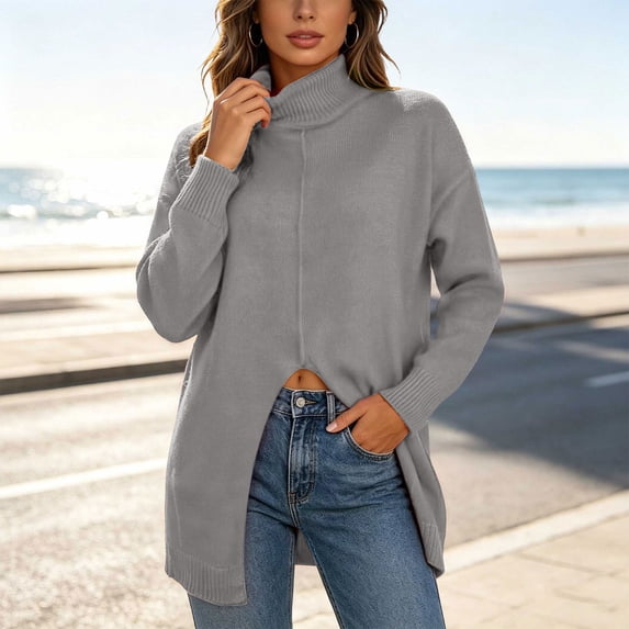 TEAJOPSUU Women's Turtle Neck Knit Sweaters Front Slit Long Sleeve Loose Fit Fall Winter Pullover Sweaters Gray