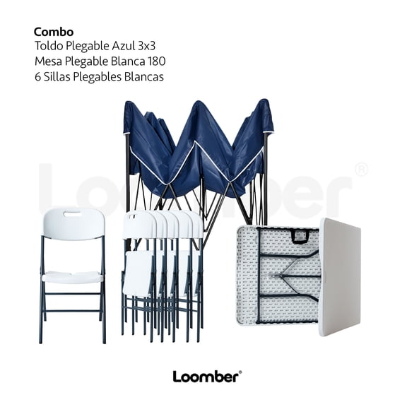 Combo de Mesa y 6 Sillas Plegables con Toldo Azul Impermeable