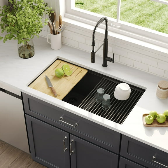 33 in. 60/40 Double Bowl Granite Composite Undermount Kitchen Sink in Black with Grid and Strainer