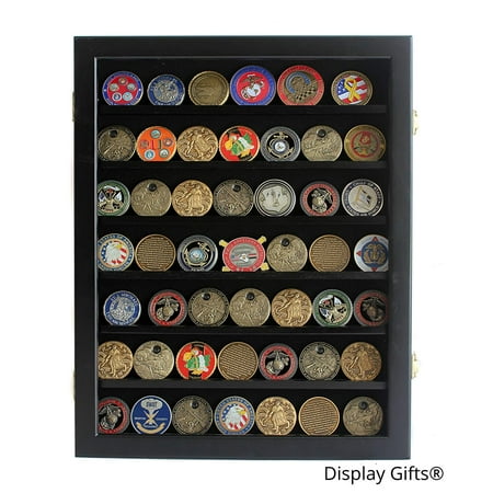 Military Coin Display - Military Challenge Coin Display Case Cabinet Rack Shadow Box Wood, (COIN46-BL), Modern design with flat High Point surface on the front of the.., By DisplayGifts