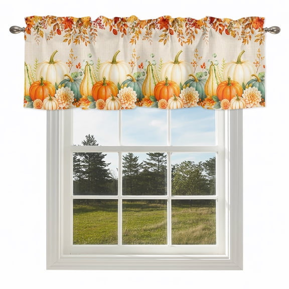 Fall Thanksgiving Pumpkin Watercolor Valances for Windows Orange Leaves Rod Pocket Curtain Valance Window Treatment Short Curtains for Kitchen Living Room,54x18in