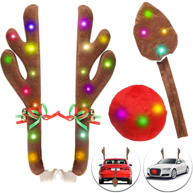Cuernos de reno para coches, kit de coche de cuernos de Navidad de reno con luces LED, kit de coche de reno, cuernos, nariz, cola, parte superior y rejilla Rudolph Reindeer Jingle Bell adornos navide Namotu WMZL-2261