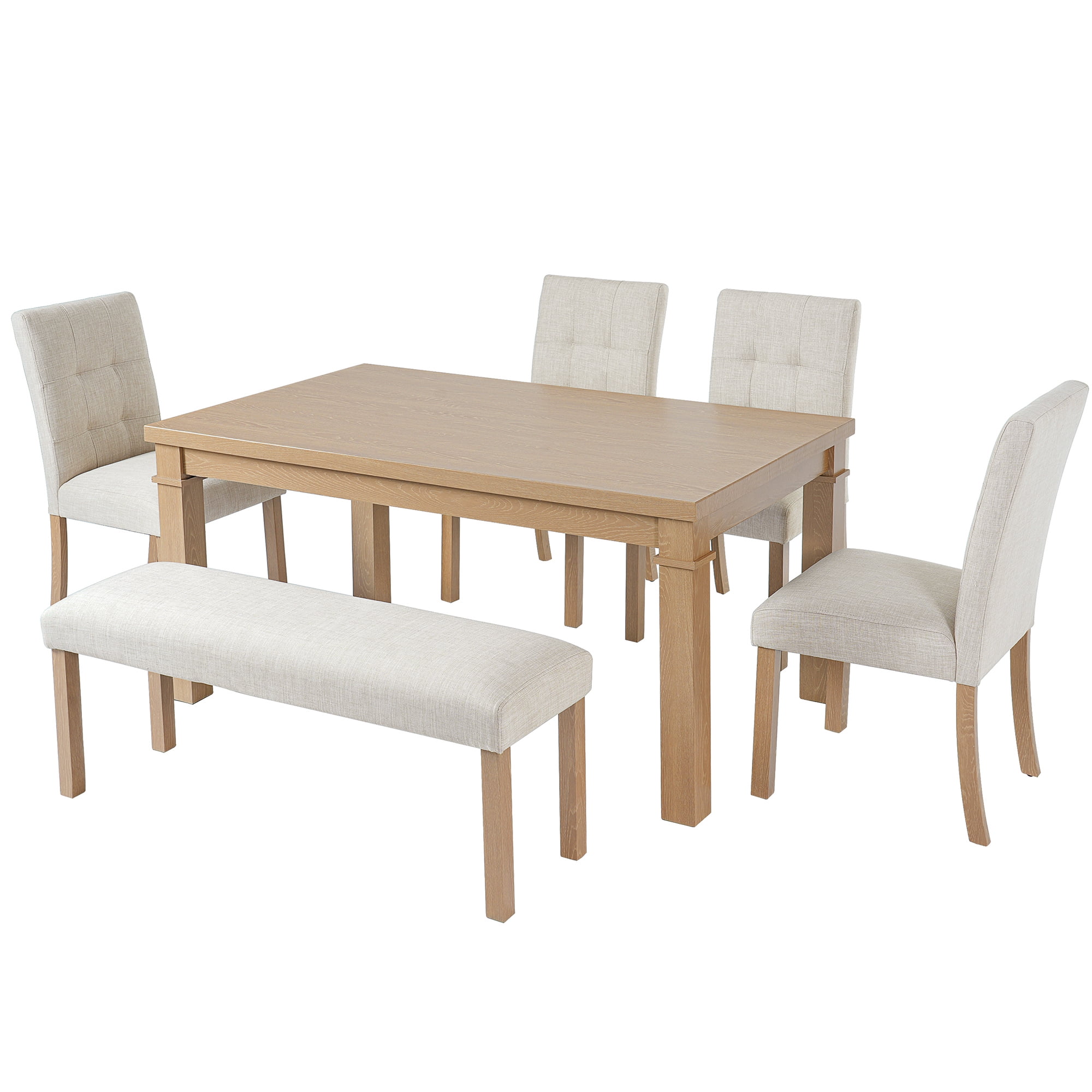 Euroco 6-Piece Wood Dining Table Set for 6, Modern Rectangular Kitchen Table Set with 4 Upholstered Chairs & Bench for Kitchen Dining Room,Natural